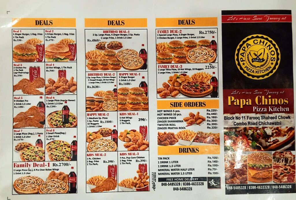 Papa Chinos Chichawatni menu