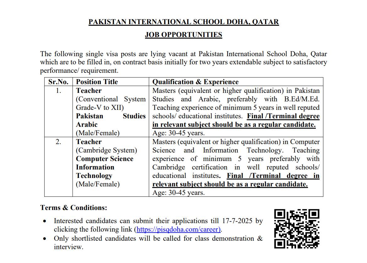 Pakistan International School Doha, Qatar Jobs